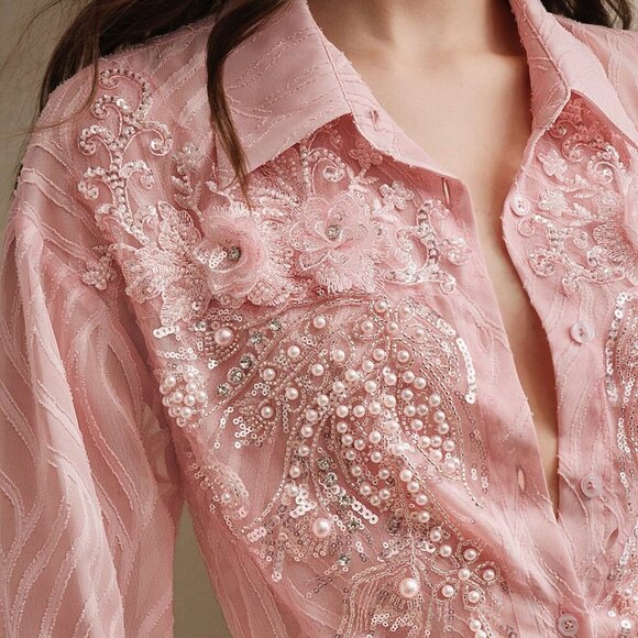 Baby Pink Elegant Women's French Beaded Floral Casual Long Sleeve Sheer Textured - Picture 2 of 8